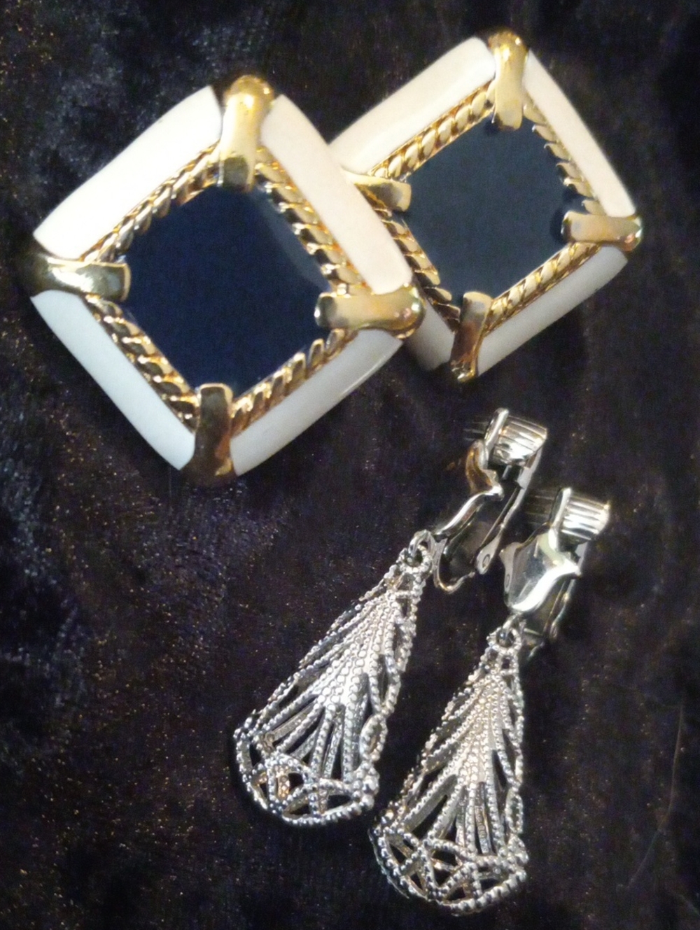 Vintage Gold and White Square Clip-On Earrings with Navy Center